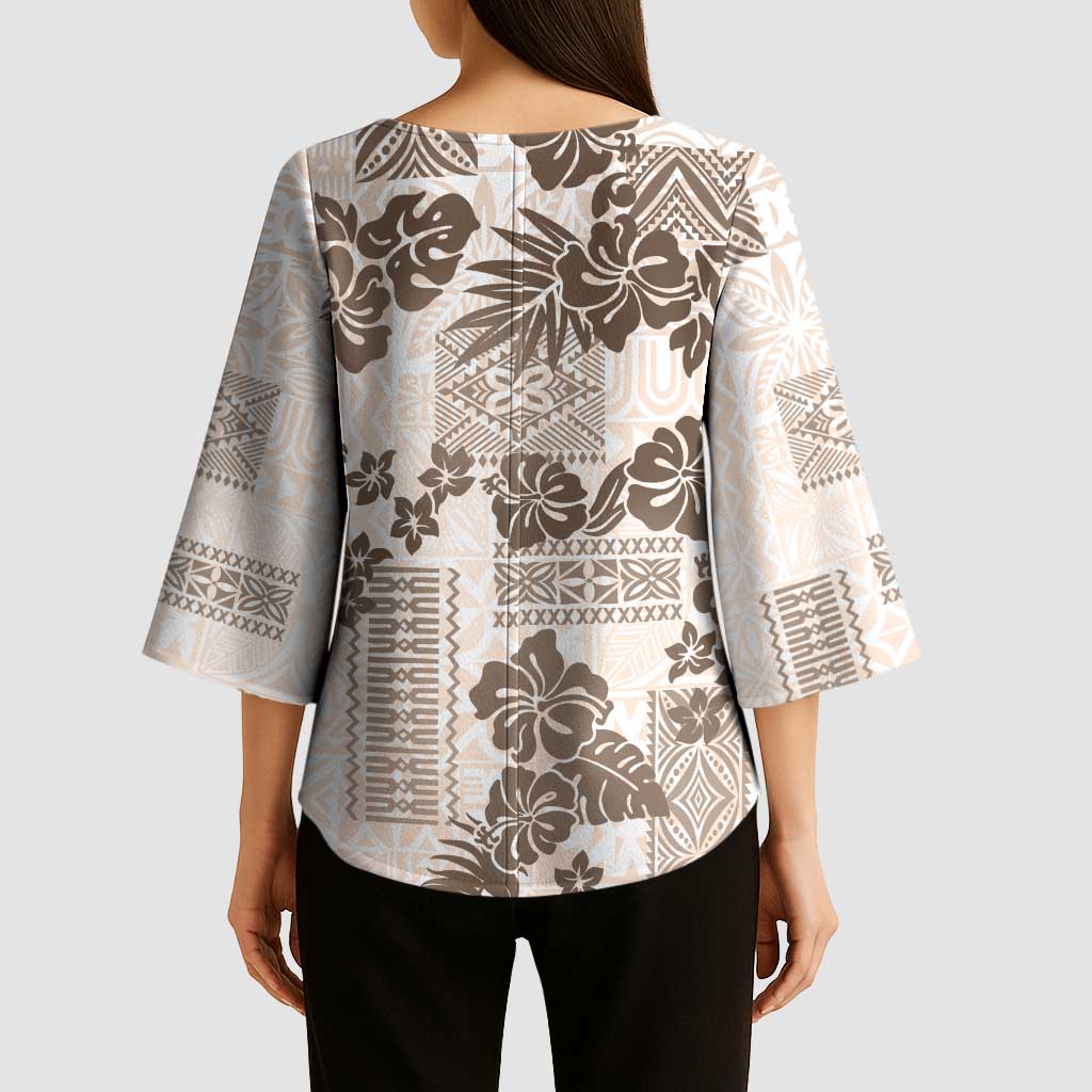 Vintage Hawaii Kimono Sleeve Blouse Hibiscus Tapa Tribal With Hawaiian Quilt Pattern Gold - Polynesian Pride