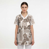 Vintage Hawaii Scrub Top Hibiscus Tapa Tribal With Hawaiian Quilt Pattern Gold - Polynesian Pride