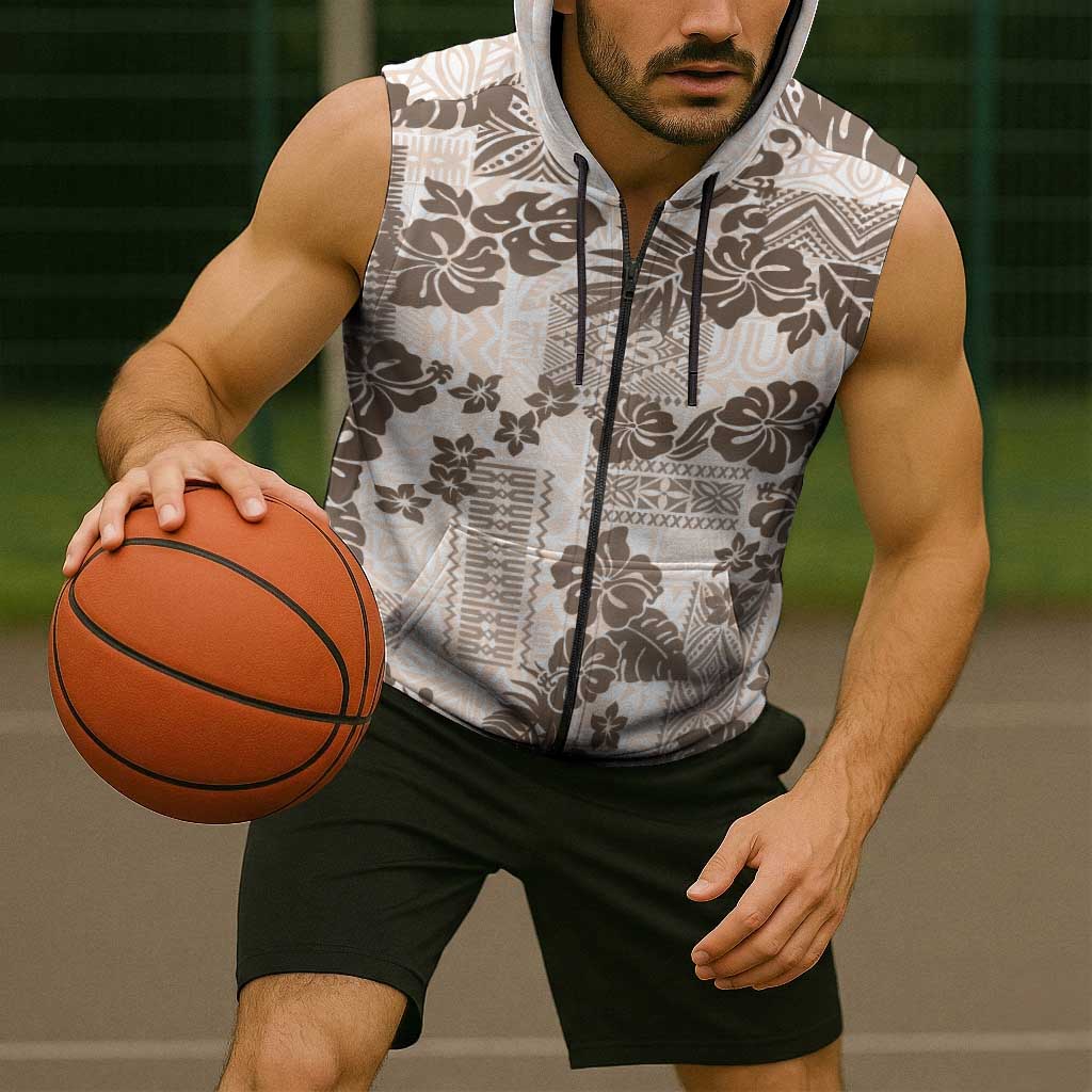 Vintage Hawaii Sleeveless Zip Hoodie Hibiscus Tapa Tribal With Hawaiian Quilt Pattern Gold - Polynesian Pride