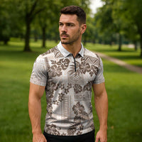 Vintage Hawaii Zipper Polo Shirt Hibiscus Tapa Tribal With Hawaiian Quilt Pattern Gold - Polynesian Pride