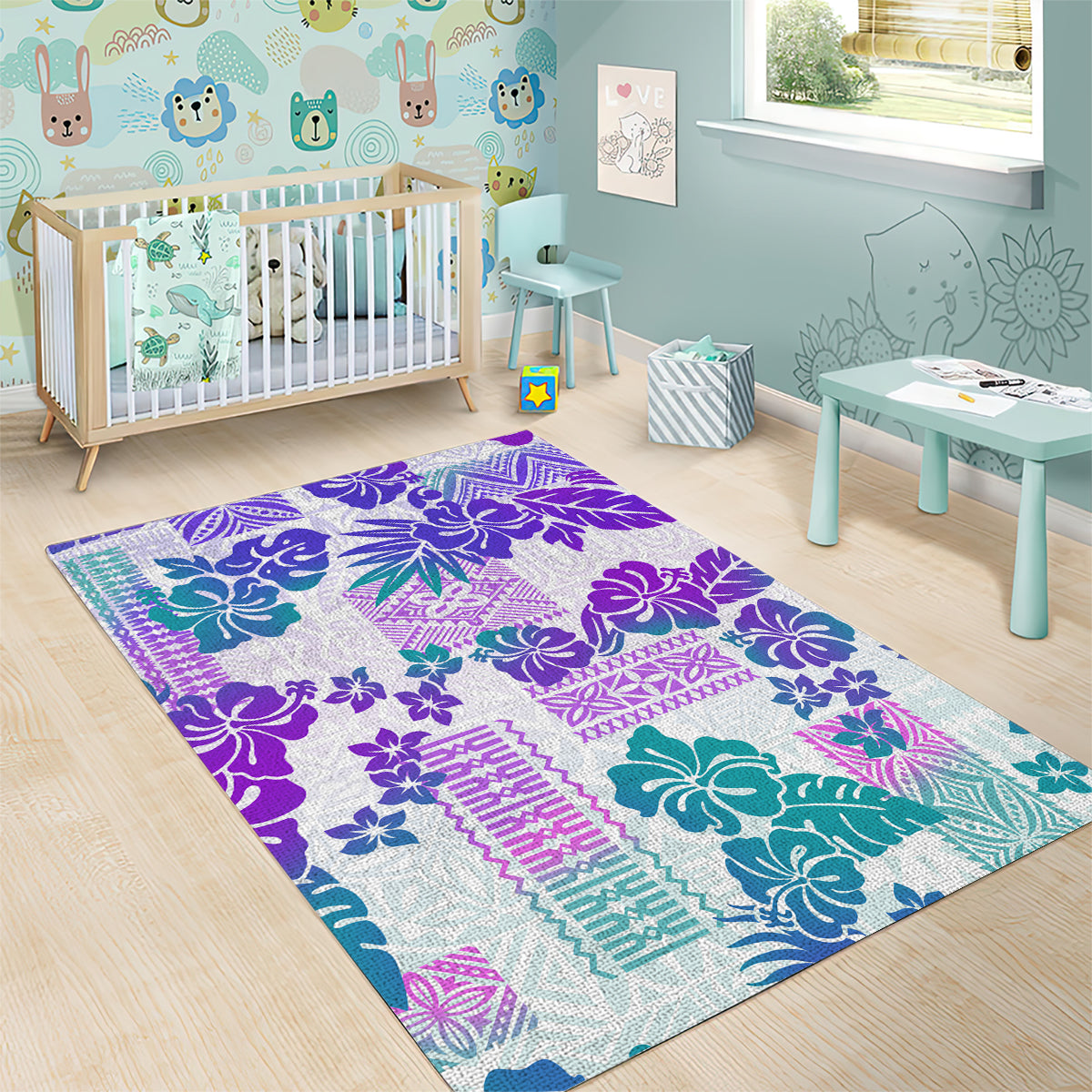 Vintage Hawaii Area Rug Hibiscus Tapa Tribal With Hawaiian Quilt Pattern Purple LT9 - Polynesian Pride