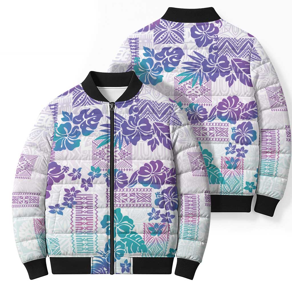 Vintage Hawaii Bomber Puffer Jacket Hibiscus Tapa Tribal With Hawaiian Quilt Pattern Purple - Polynesian Pride