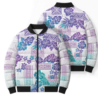 Vintage Hawaii Bomber Puffer Jacket Hibiscus Tapa Tribal With Hawaiian Quilt Pattern Purple - Polynesian Pride
