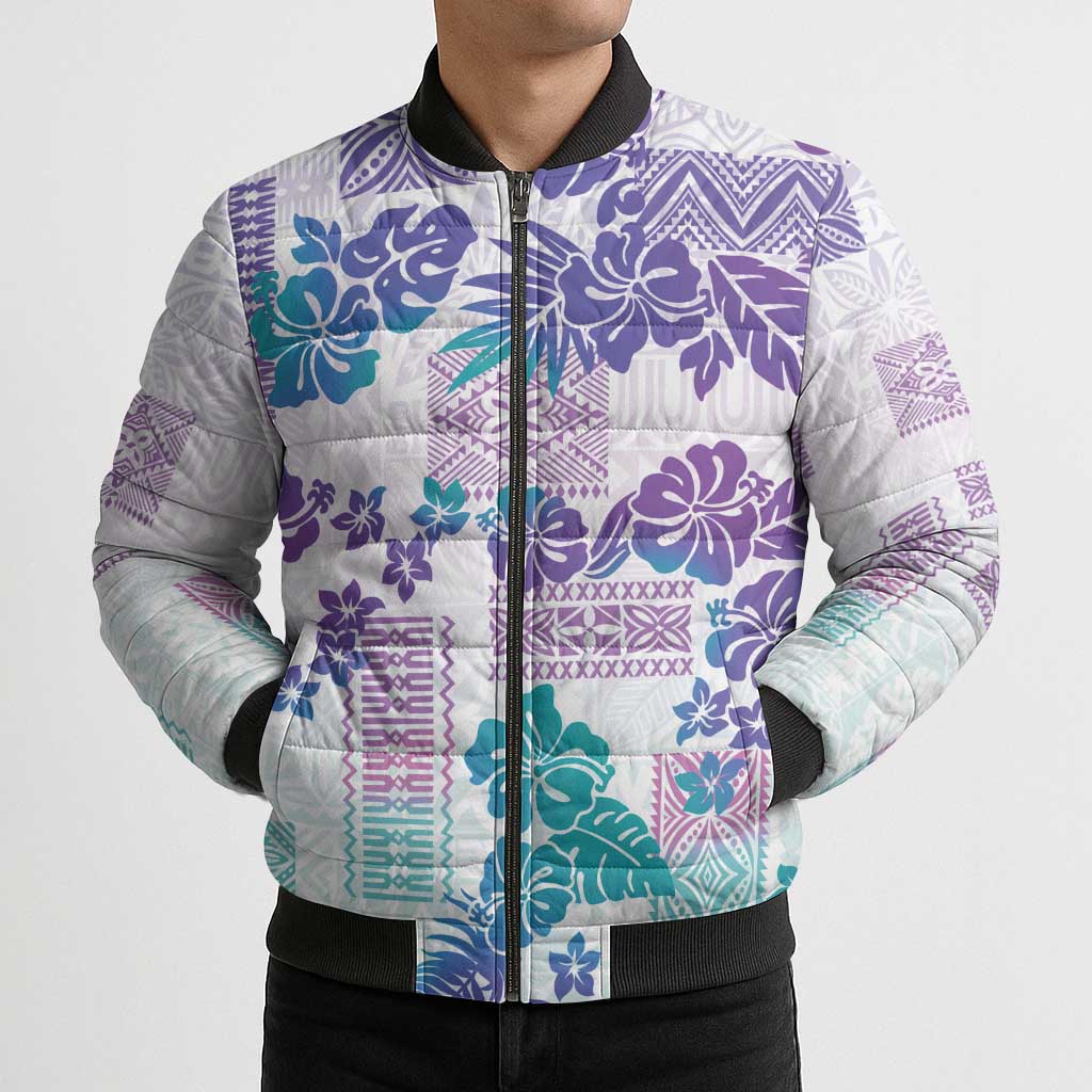 Vintage Hawaii Bomber Puffer Jacket Hibiscus Tapa Tribal With Hawaiian Quilt Pattern Purple - Polynesian Pride