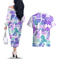 Vintage Hawaii Couples Matching Off The Shoulder Long Sleeve Dress and Hawaiian Shirt Hibiscus Tapa Tribal With Hawaiian Quilt Pattern Purple LT9 - Polynesian Pride