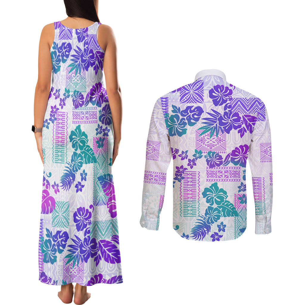 Vintage Hawaii Couples Matching Tank Maxi Dress and Long Sleeve Button Shirt Hibiscus Tapa Tribal With Hawaiian Quilt Pattern Purple LT9 - Polynesian Pride