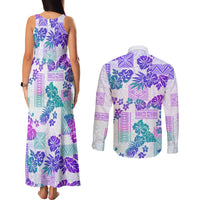 Vintage Hawaii Couples Matching Tank Maxi Dress and Long Sleeve Button Shirt Hibiscus Tapa Tribal With Hawaiian Quilt Pattern Purple LT9 - Polynesian Pride