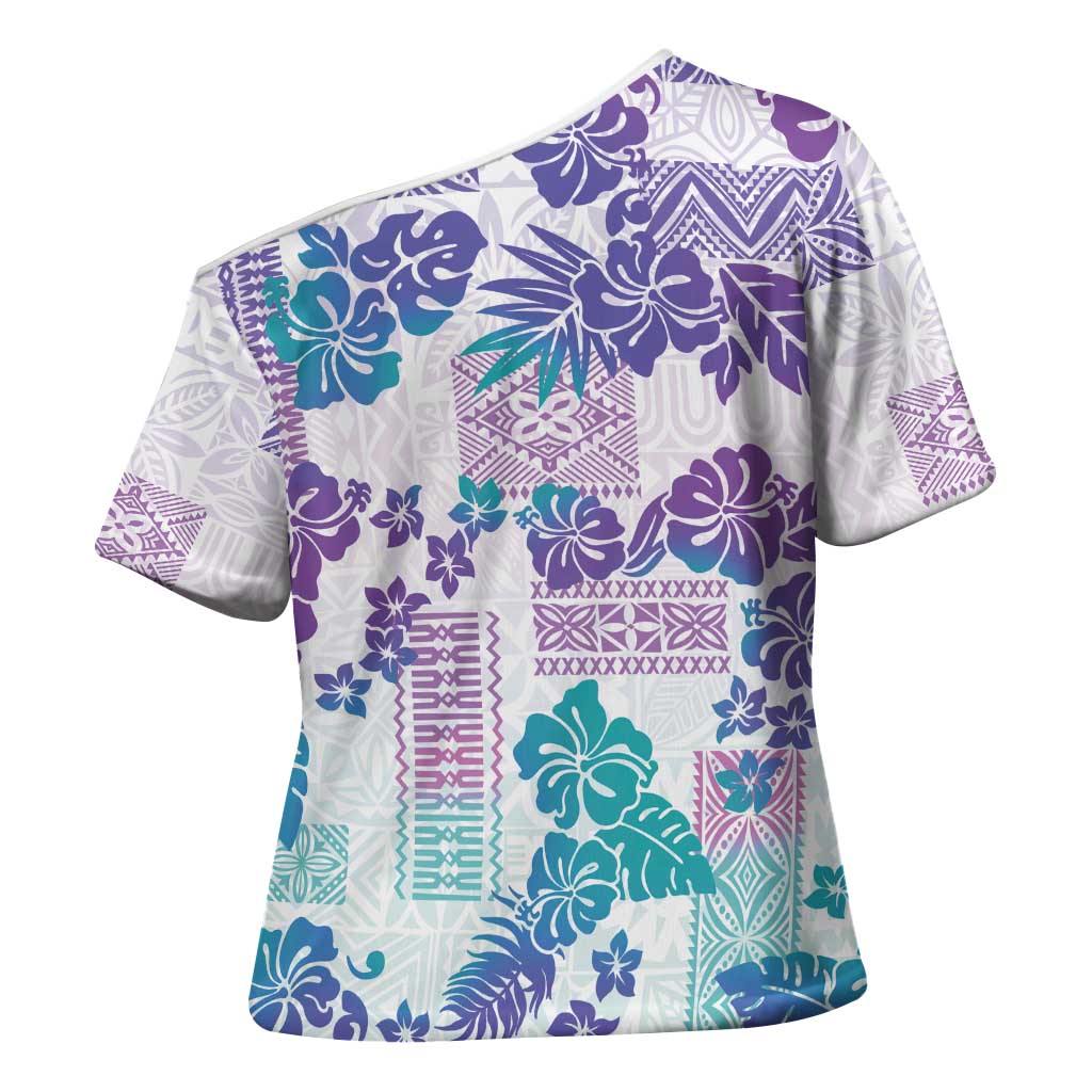 Vintage Hawaii Cross Shoulder Shirt Hibiscus Tapa Tribal With Hawaiian Quilt Pattern Purple - Polynesian Pride