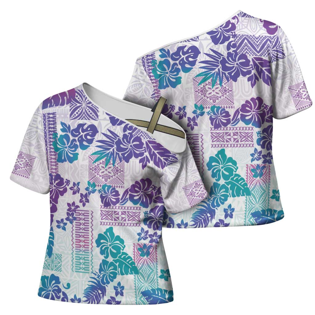 Vintage Hawaii Cross Shoulder Shirt Hibiscus Tapa Tribal With Hawaiian Quilt Pattern Purple - Polynesian Pride