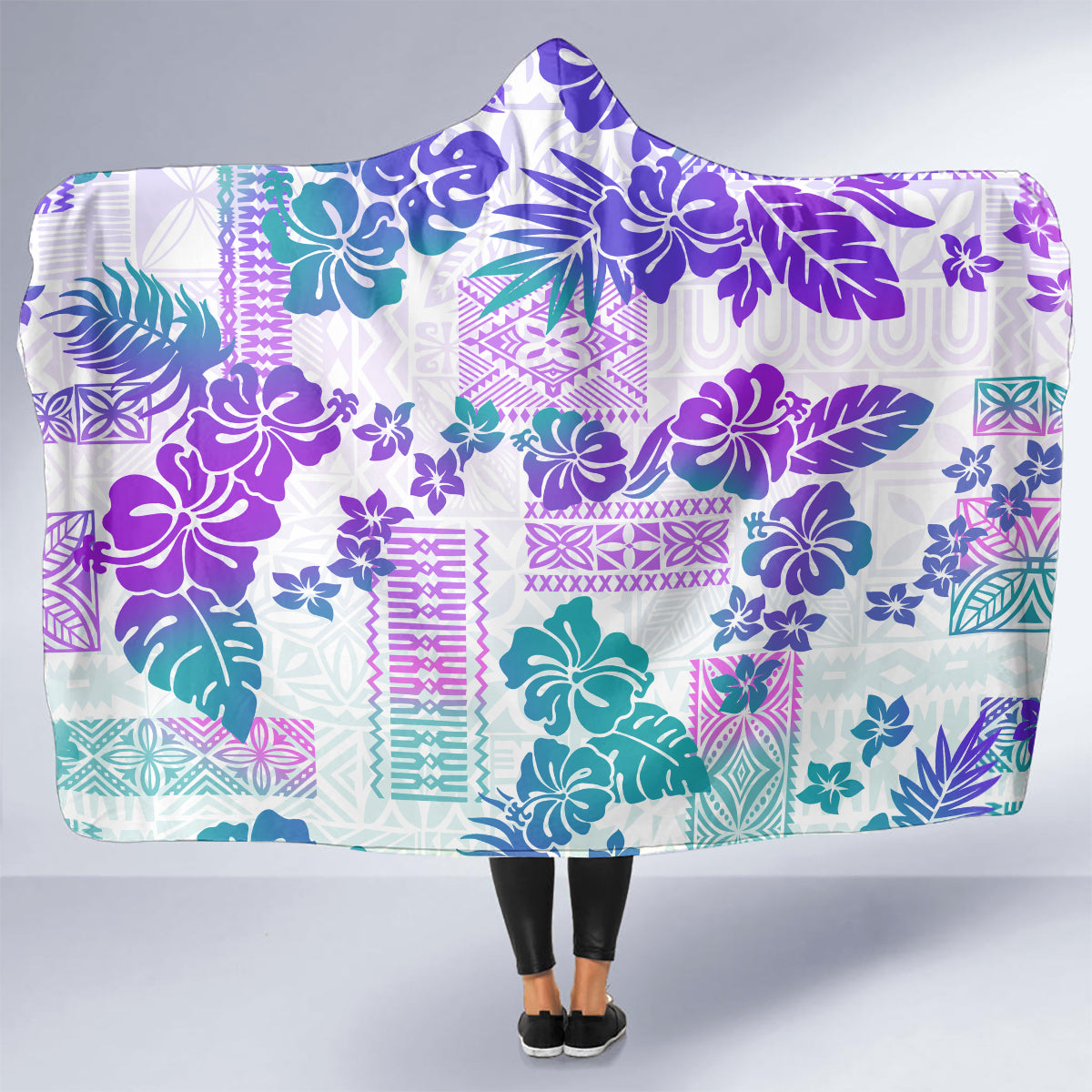 Vintage Hawaii Hooded Blanket Hibiscus Tapa Tribal With Hawaiian Quilt Pattern Purple LT9 - Polynesian Pride