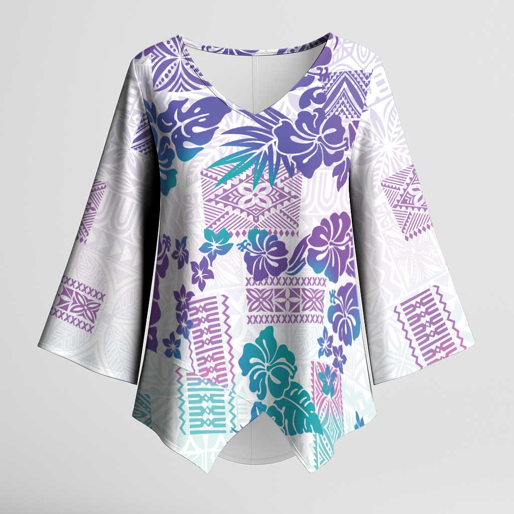 Vintage Hawaii Kimono Sleeve Blouse Hibiscus Tapa Tribal With Hawaiian Quilt Pattern Purple - Polynesian Pride