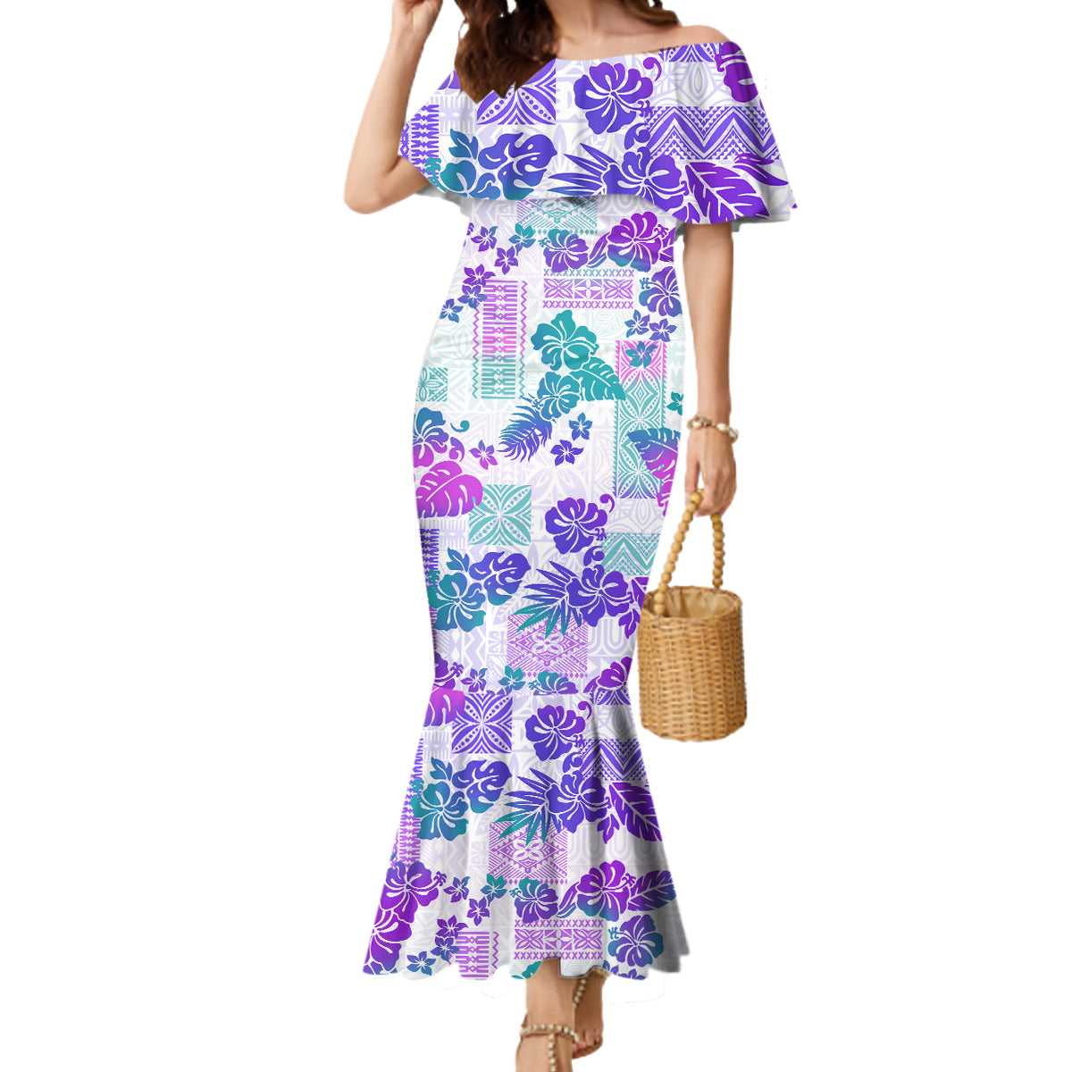 Vintage Hawaii Mermaid Dress Hibiscus Tapa Tribal With Hawaiian Quilt Pattern Purple LT9 Women Purple - Polynesian Pride