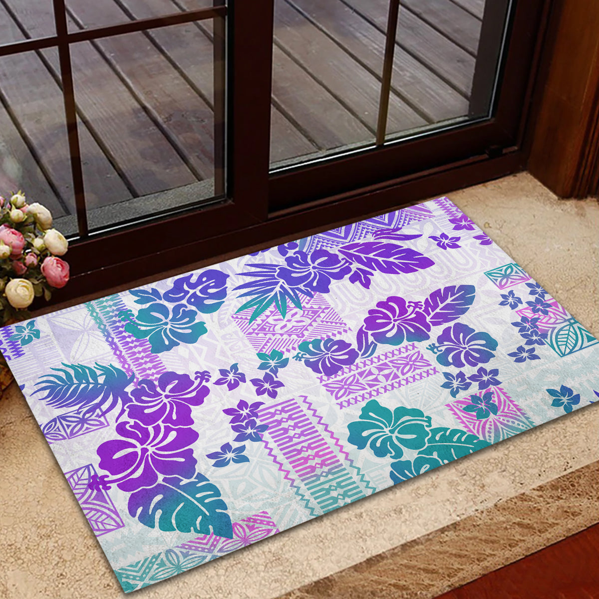Vintage Hawaii Rubber Doormat Hibiscus Tapa Tribal With Hawaiian Quilt Pattern Purple LT9 - Polynesian Pride
