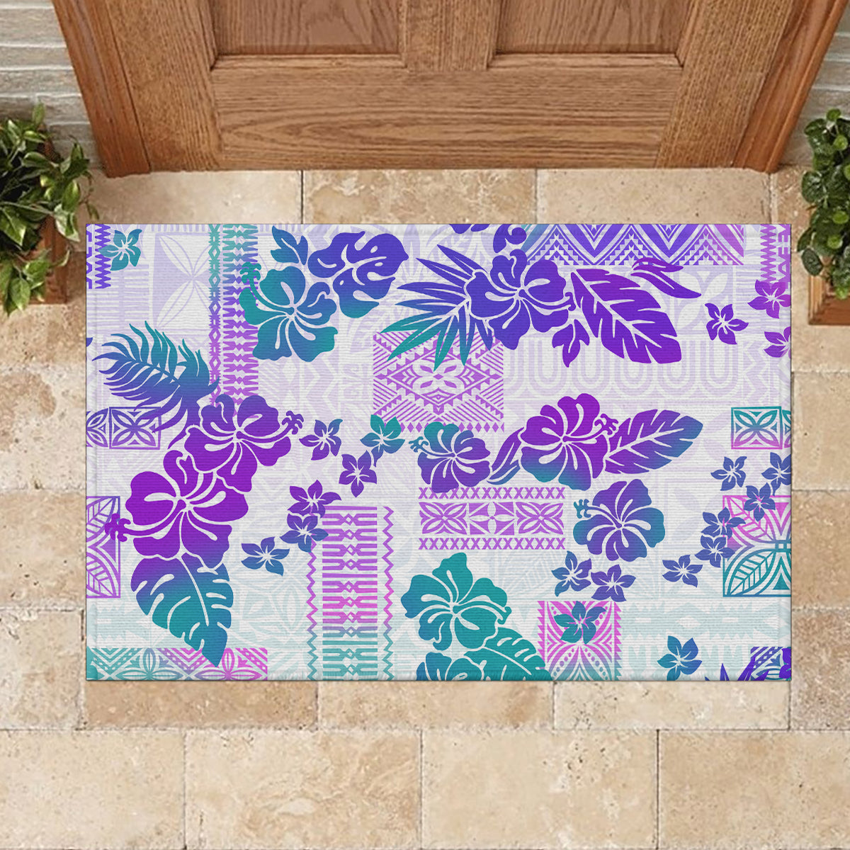 Vintage Hawaii Rubber Doormat Hibiscus Tapa Tribal With Hawaiian Quilt Pattern Purple LT9 - Polynesian Pride