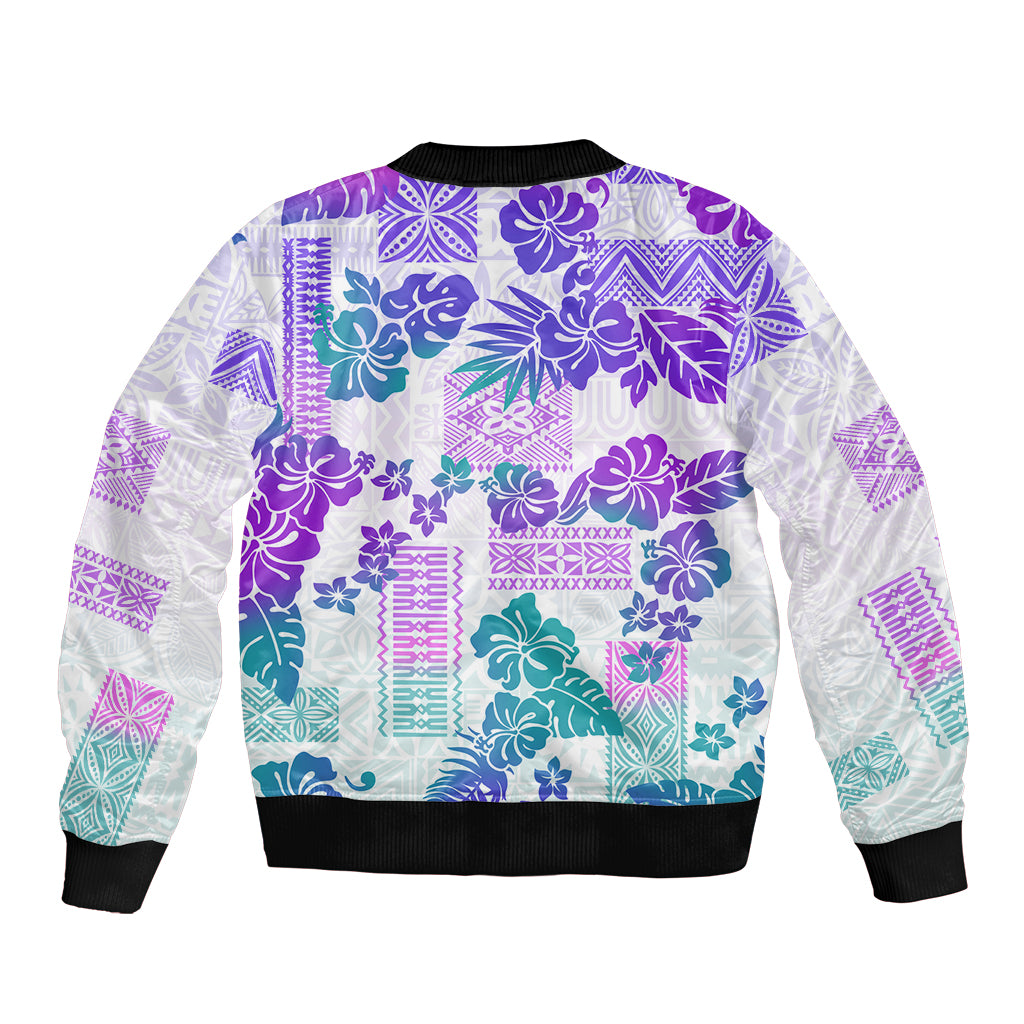 Vintage Hawaii Sleeve Zip Bomber Jacket Hibiscus Tapa Tribal With Hawaiian Quilt Pattern Purple LT9 - Polynesian Pride