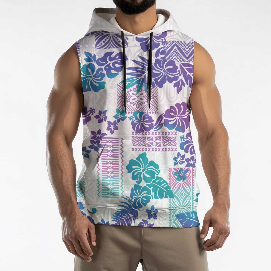 Vintage Hawaii Sleeveless Hoodie Hibiscus Tapa Tribal With Hawaiian Quilt Pattern Purple - Polynesian Pride