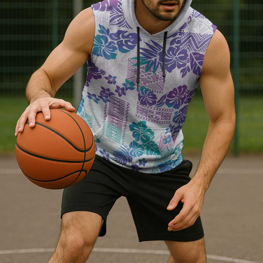 Vintage Hawaii Sleeveless Hoodie Hibiscus Tapa Tribal With Hawaiian Quilt Pattern Purple - Polynesian Pride