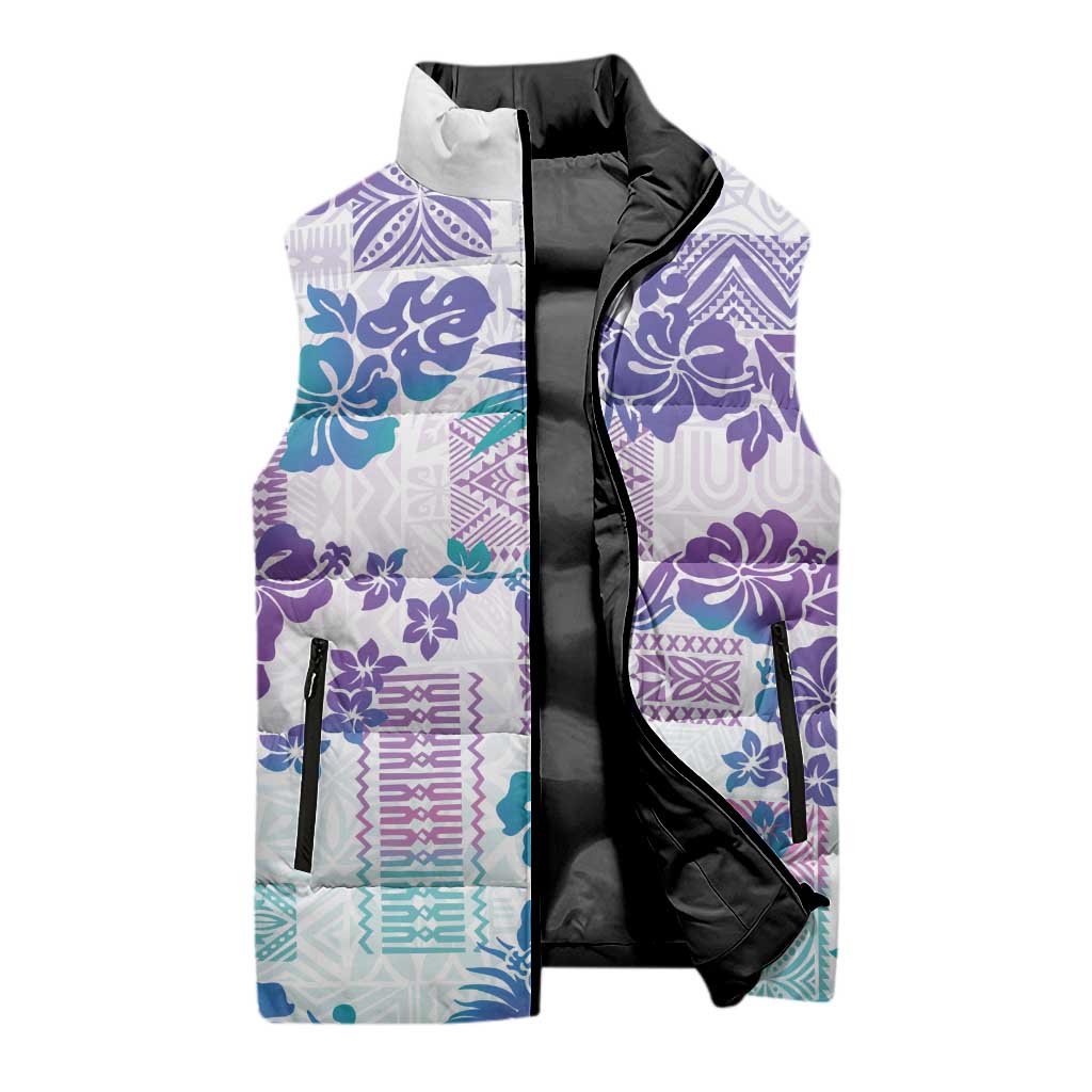 Vintage Hawaii Sleeveless Puffer Jacket Hibiscus Tapa Tribal With Hawaiian Quilt Pattern Purple - Polynesian Pride