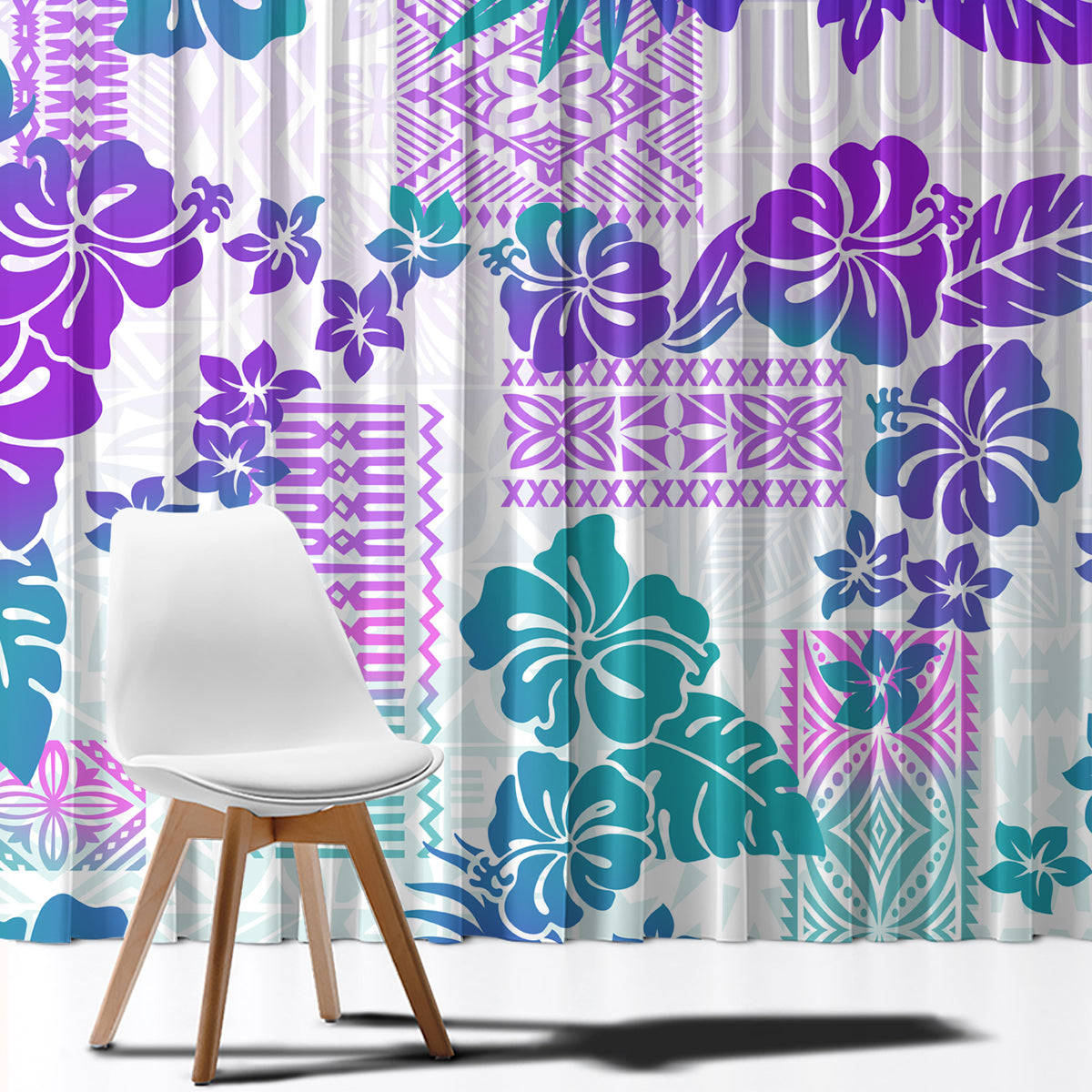 Vintage Hawaii Window Curtain Hibiscus Tapa Tribal With Hawaiian Quilt Pattern Purple LT9 - Polynesian Pride