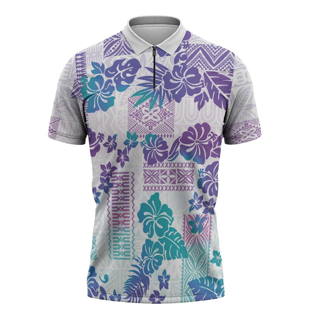 Vintage Hawaii Zipper Polo Shirt Hibiscus Tapa Tribal With Hawaiian Quilt Pattern Purple - Polynesian Pride