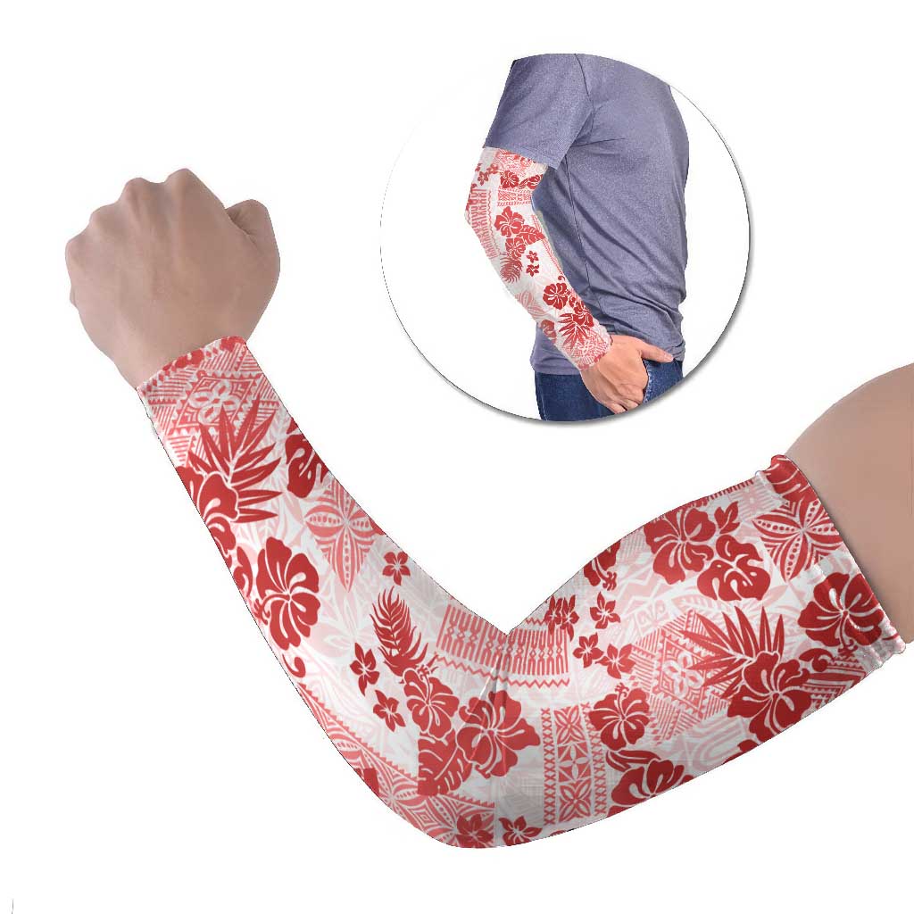 Vintage Hawaii Arm Sleeves Hibiscus Tapa Tribal With Hawaiian Quilt Pattern Red LT9 Set of 2 Red - Polynesian Pride