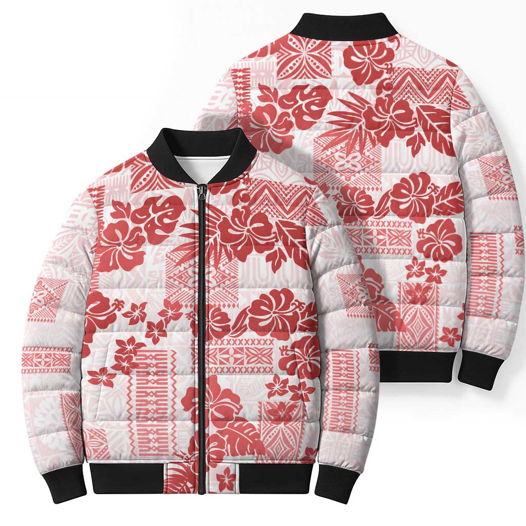 Vintage Hawaii Bomber Puffer Jacket Hibiscus Tapa Tribal With Hawaiian Quilt Pattern Red - Polynesian Pride