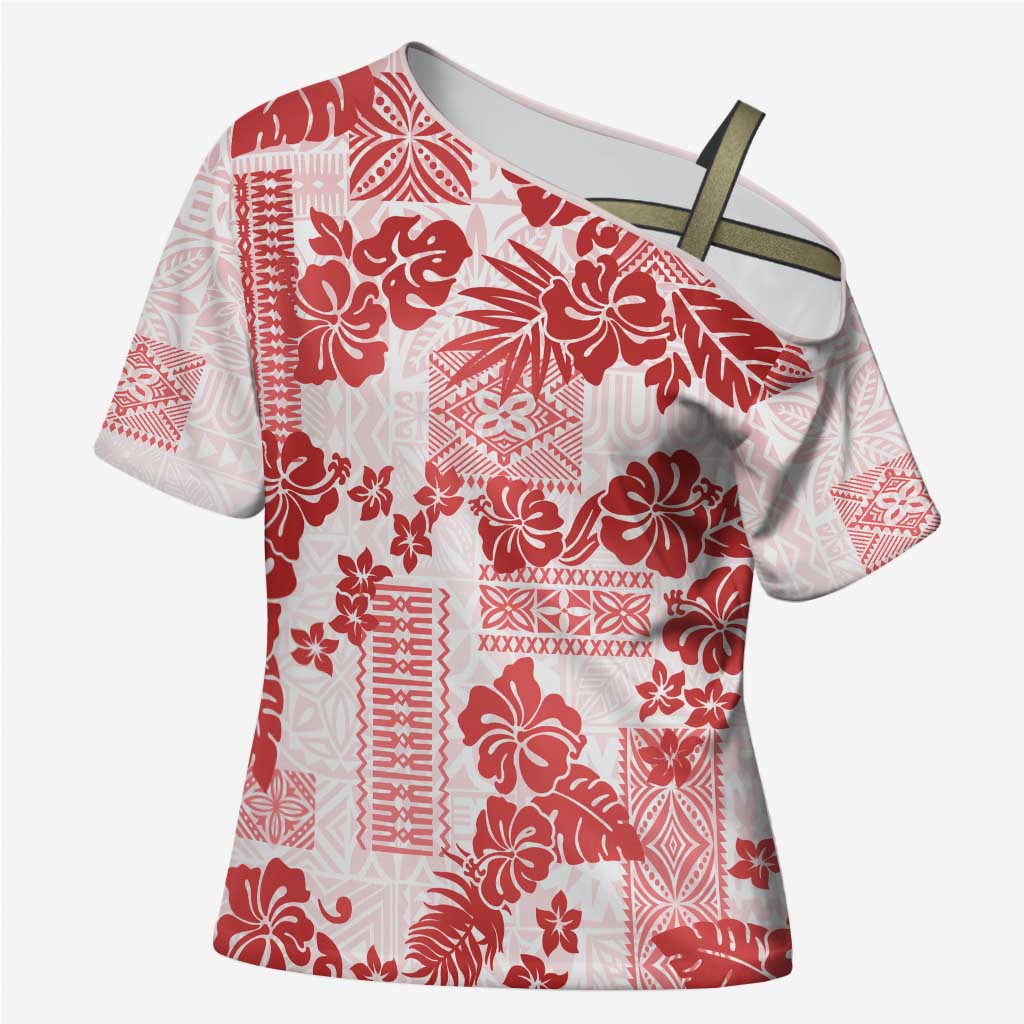 Vintage Hawaii Cross Shoulder Shirt Hibiscus Tapa Tribal With Hawaiian Quilt Pattern Red - undefined