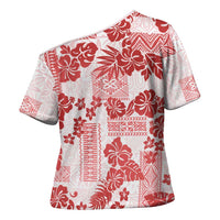 Vintage Hawaii Cross Shoulder Shirt Hibiscus Tapa Tribal With Hawaiian Quilt Pattern Red - undefined