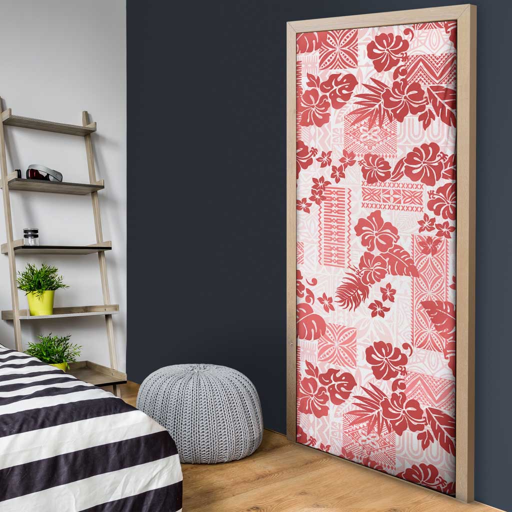 Vintage Hawaii Door Cover Hibiscus Tapa Tribal With Hawaiian Quilt Pattern Red - Polynesian Pride