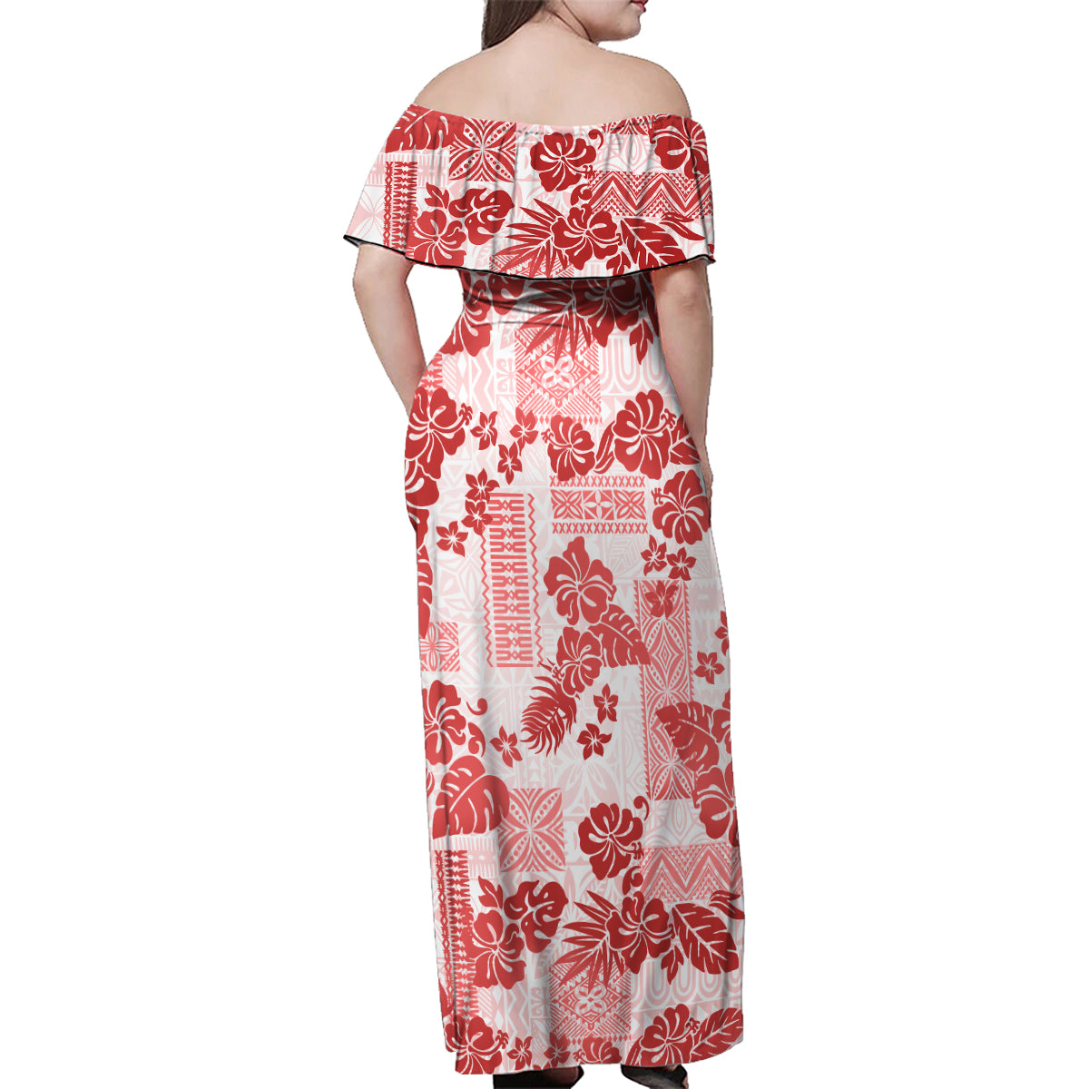 Vintage Hawaii Family Matching Off Shoulder Maxi Dress and Hawaiian Shirt Hibiscus Tapa Tribal With Hawaiian Quilt Pattern Red LT9 - Polynesian Pride