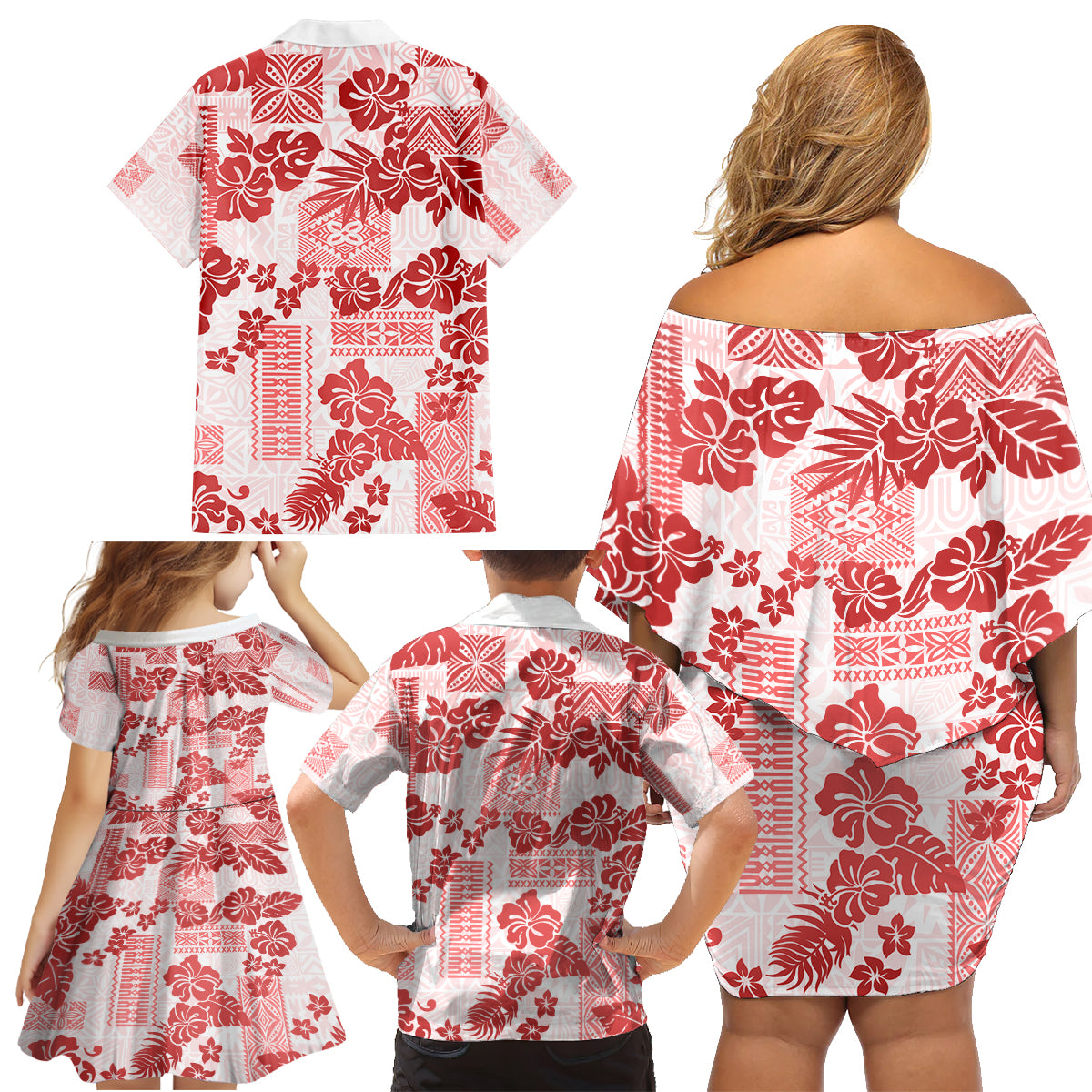 Vintage Hawaii Family Matching Off Shoulder Short Dress and Hawaiian Shirt Hibiscus Tapa Tribal With Hawaiian Quilt Pattern Red LT9 - Polynesian Pride