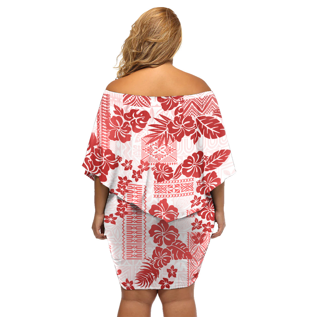 Vintage Hawaii Family Matching Off Shoulder Short Dress and Hawaiian Shirt Hibiscus Tapa Tribal With Hawaiian Quilt Pattern Red LT9 - Polynesian Pride