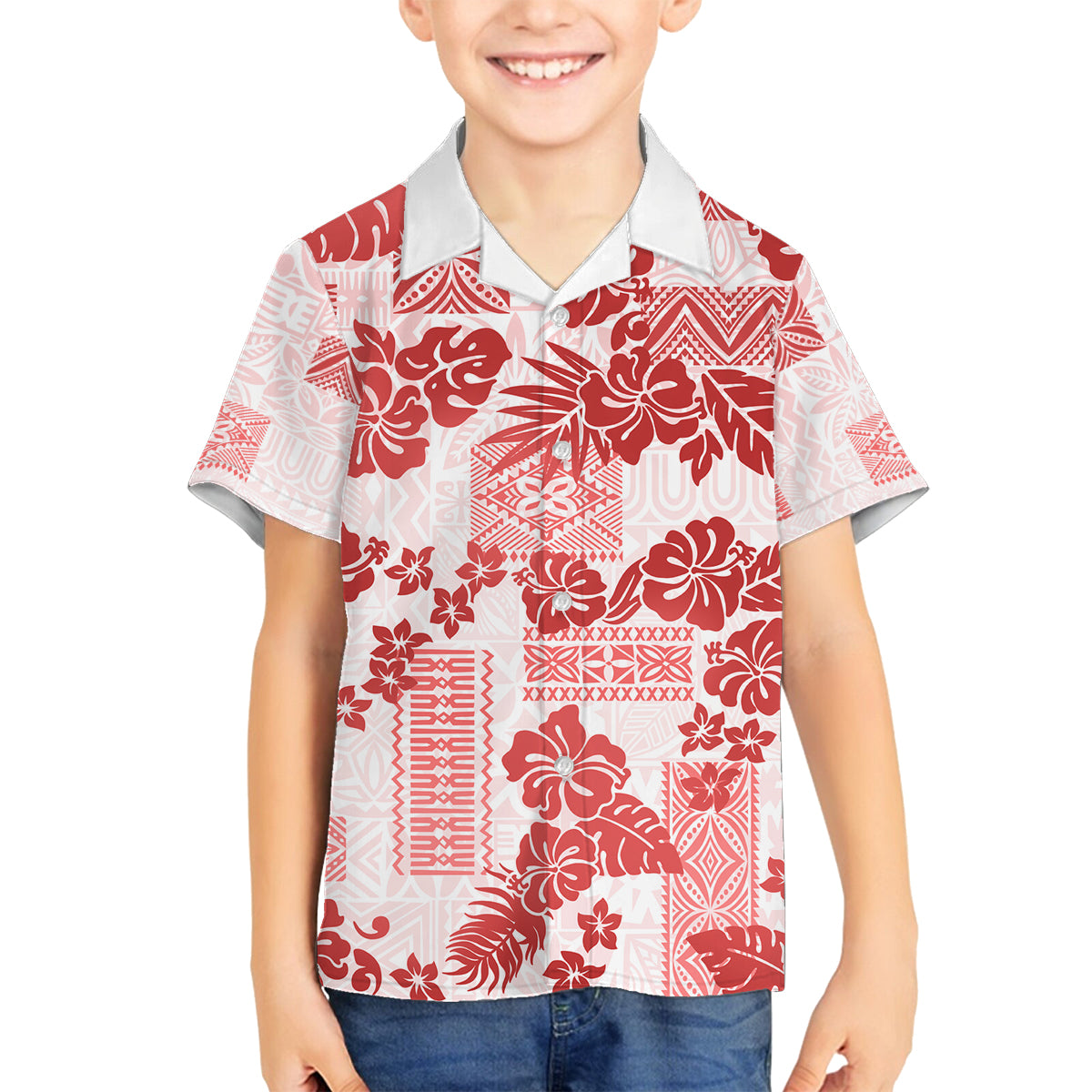 Vintage Hawaii Family Matching Tank Maxi Dress and Hawaiian Shirt Hibiscus Tapa Tribal With Hawaiian Quilt Pattern Red LT9 Son's Shirt Red - Polynesian Pride