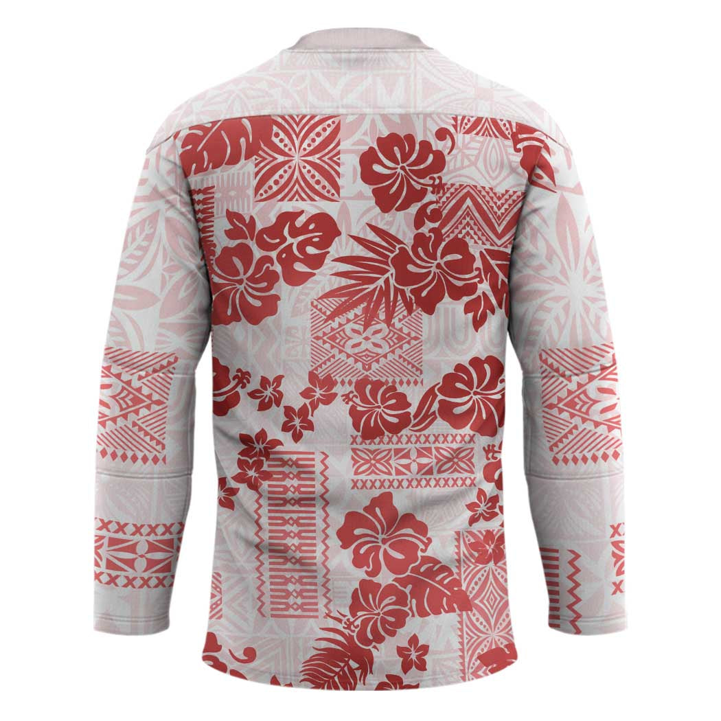Vintage Hawaii Hockey Jersey Hibiscus Tapa Tribal With Hawaiian Quilt Pattern Red - Polynesian Pride