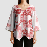 Vintage Hawaii Kimono Sleeve Blouse Hibiscus Tapa Tribal With Hawaiian Quilt Pattern Red - Polynesian Pride