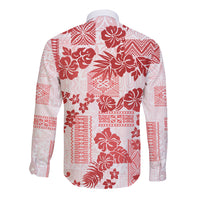 Vintage Hawaii Long Sleeve Button Shirt Hibiscus Tapa Tribal With Hawaiian Quilt Pattern Red LT9 - Polynesian Pride