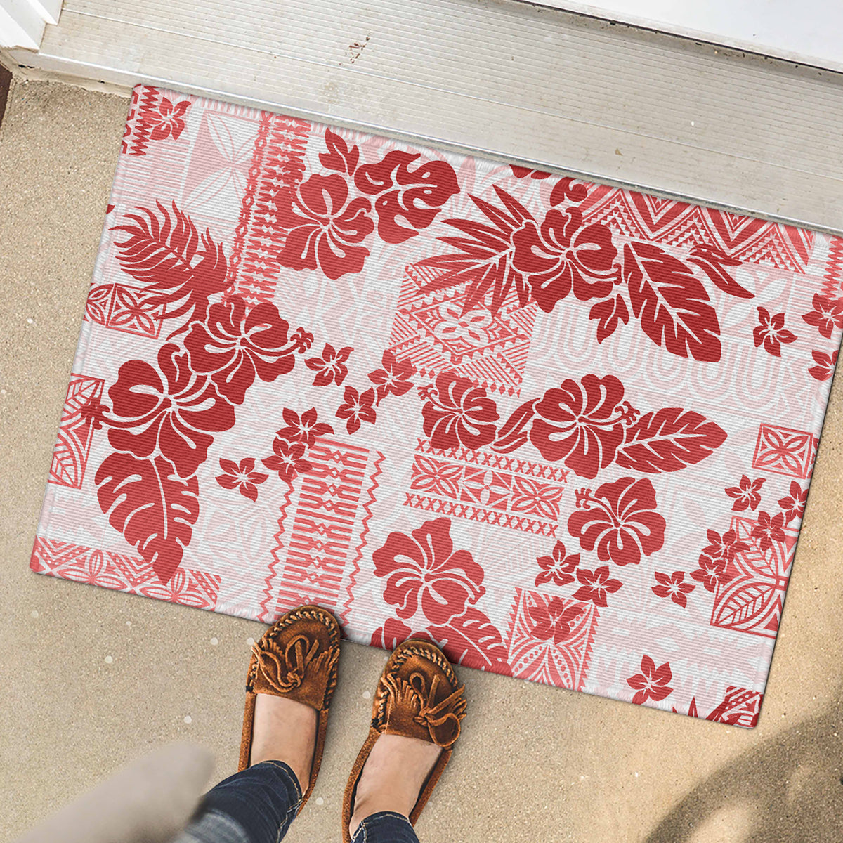 Vintage Hawaii Rubber Doormat Hibiscus Tapa Tribal With Hawaiian Quilt Pattern Red LT9 - Polynesian Pride