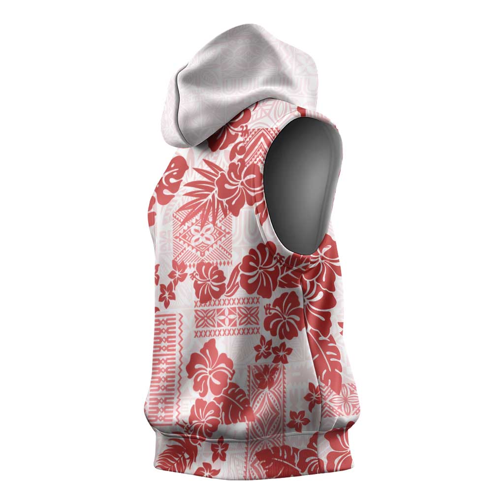 Vintage Hawaii Sleeveless Hoodie Hibiscus Tapa Tribal With Hawaiian Quilt Pattern Red - Polynesian Pride