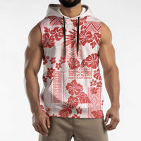 Vintage Hawaii Sleeveless Hoodie Hibiscus Tapa Tribal With Hawaiian Quilt Pattern Red - Polynesian Pride