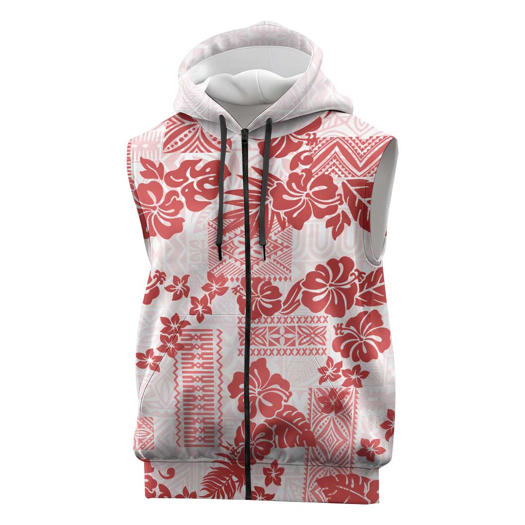 Vintage Hawaii Sleeveless Zip Hoodie Hibiscus Tapa Tribal With Hawaiian Quilt Pattern Red LT9 Red - Polynesian Pride