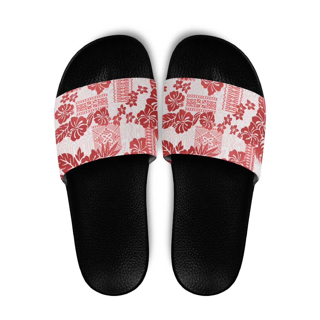 Vintage Hawaii Slide Sandals Hibiscus Tapa Tribal With Hawaiian Quilt Pattern Red - Polynesian Pride