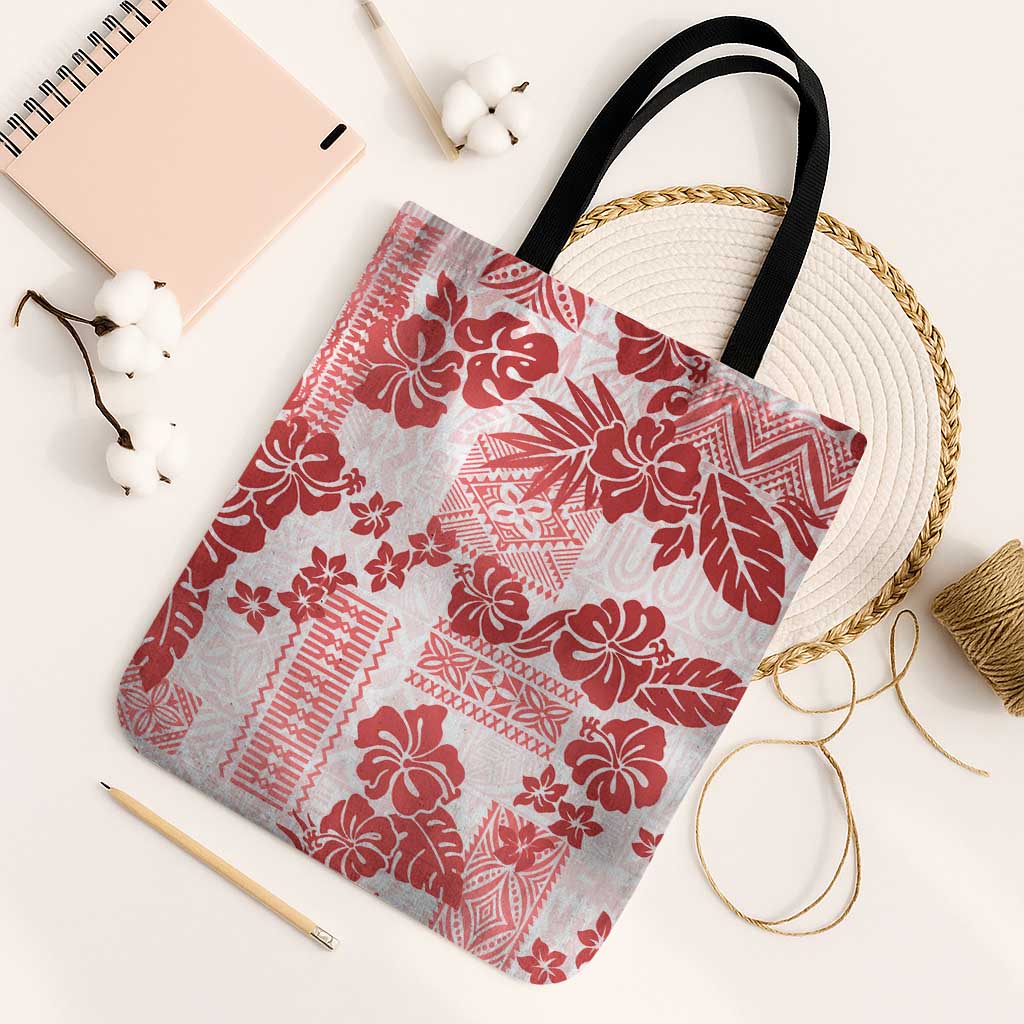 Vintage Hawaii Tote Bag Hibiscus Tapa Tribal With Hawaiian Quilt Pattern Red - Polynesian Pride