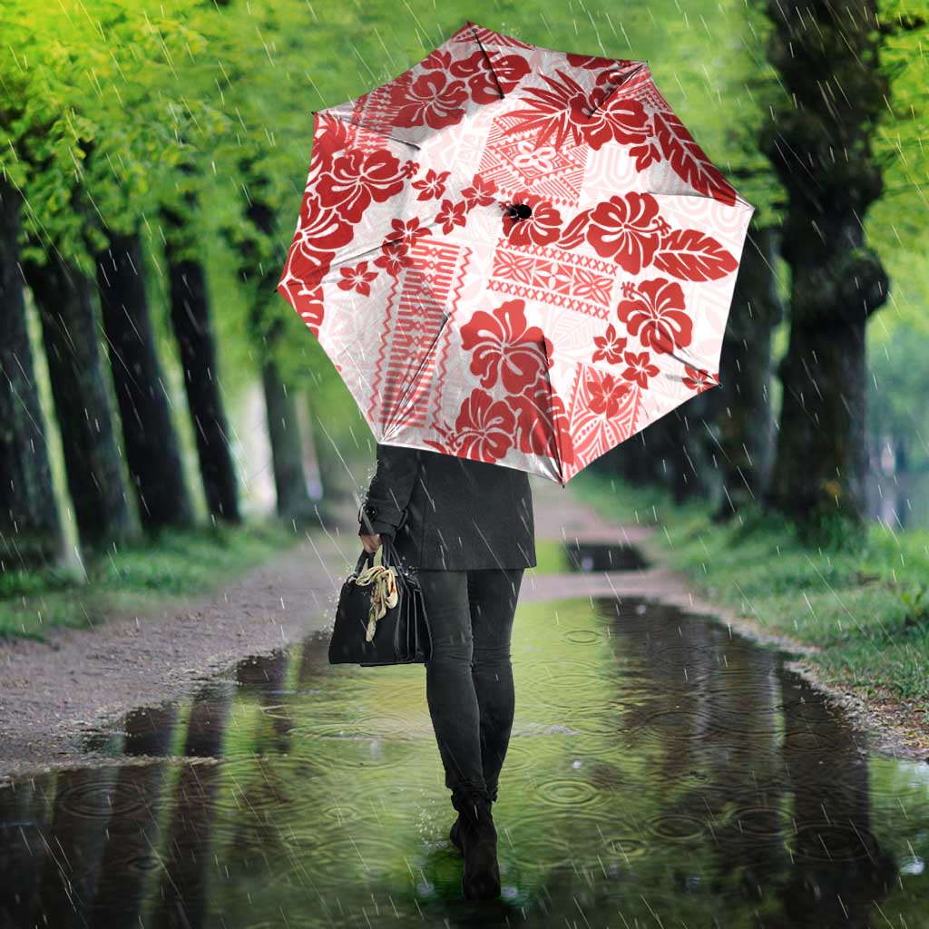 Vintage Hawaii Umbrella Hibiscus Tapa Tribal With Hawaiian Quilt Pattern Red - Polynesian Pride