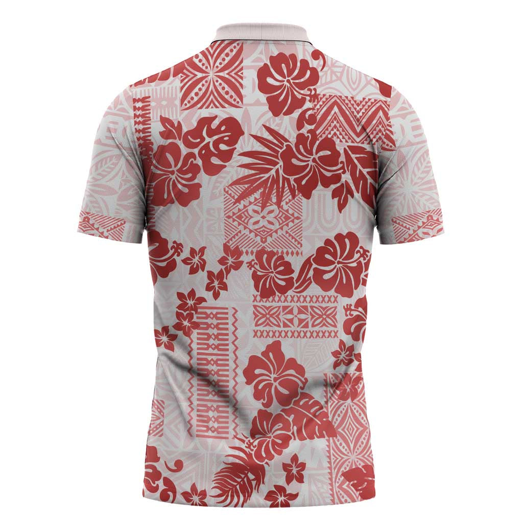 Vintage Hawaii Zipper Polo Shirt Hibiscus Tapa Tribal With Hawaiian Quilt Pattern Red - Polynesian Pride
