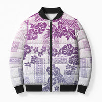 Vintage Hawaii Bomber Puffer Jacket Hibiscus Tapa Tribal With Hawaiian Quilt Pattern Violet - Polynesian Pride