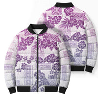Vintage Hawaii Bomber Puffer Jacket Hibiscus Tapa Tribal With Hawaiian Quilt Pattern Violet - Polynesian Pride
