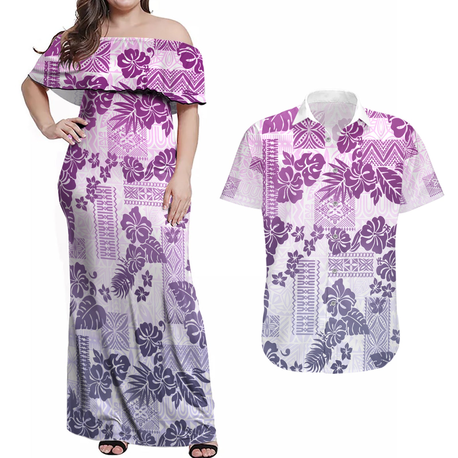 Vintage Hawaii Couples Matching Off Shoulder Maxi Dress and Hawaiian Shirt Hibiscus Tapa Tribal With Hawaiian Quilt Pattern Violet LT9 Violet - Polynesian Pride