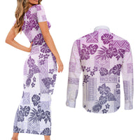 Vintage Hawaii Couples Matching Short Sleeve Bodycon Dress and Long Sleeve Button Shirt Hibiscus Tapa Tribal With Hawaiian Quilt Pattern Violet LT9 - Polynesian Pride