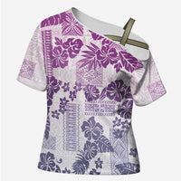 Vintage Hawaii Cross Shoulder Shirt Hibiscus Tapa Tribal With Hawaiian Quilt Pattern Violet - Polynesian Pride