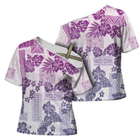 Vintage Hawaii Cross Shoulder Shirt Hibiscus Tapa Tribal With Hawaiian Quilt Pattern Violet - Polynesian Pride